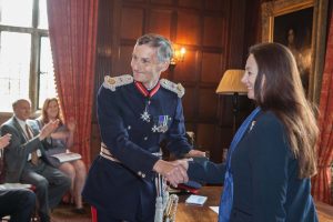 HM Lord-Lieutenant, Nigel Atkinson Esq congratulating Dr Sandy Lerner