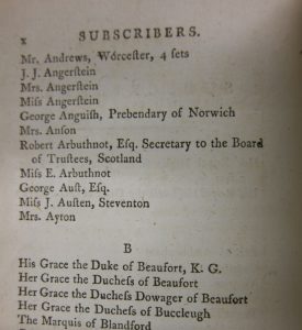 ‘In 1796, Frances Burney published her novel 'Camilla, or, a Picture of Youth' by subscription. Amongst the list of subscribers was a 'Miss J. Austen, Steventon'.